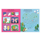 Educational children's page with picture close-ups and a maze on a pink and blue background.