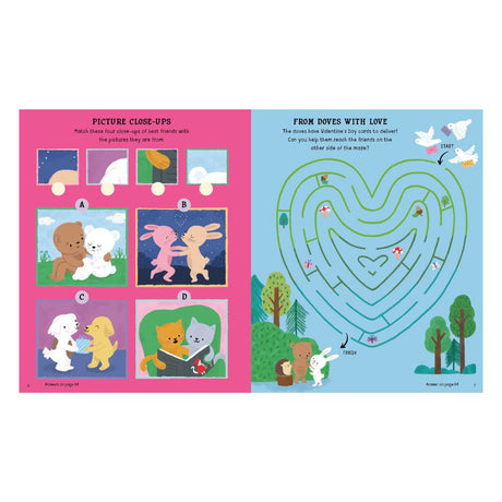 Educational children's page with picture close-ups and a maze on a pink and blue background.