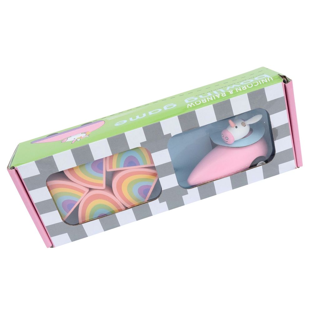 Unicorn-themed product with rainbow candies in a checkered box on a white background