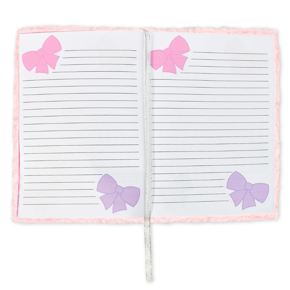Notebook with pink and purple bows on a white background