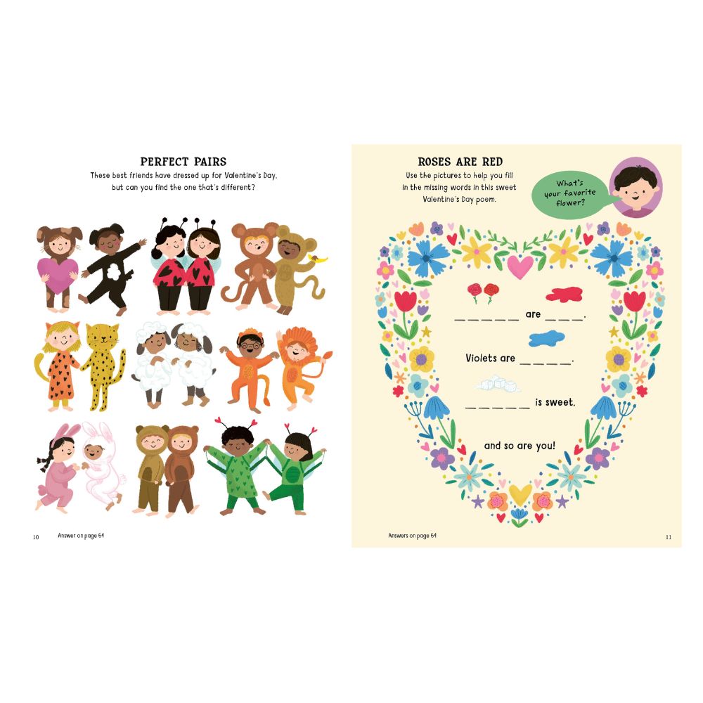 Educational page from a children's book with illustrations and text on Valentine's Day.