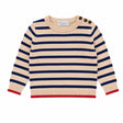 Beige and navy striped sweater with red trim on a white background