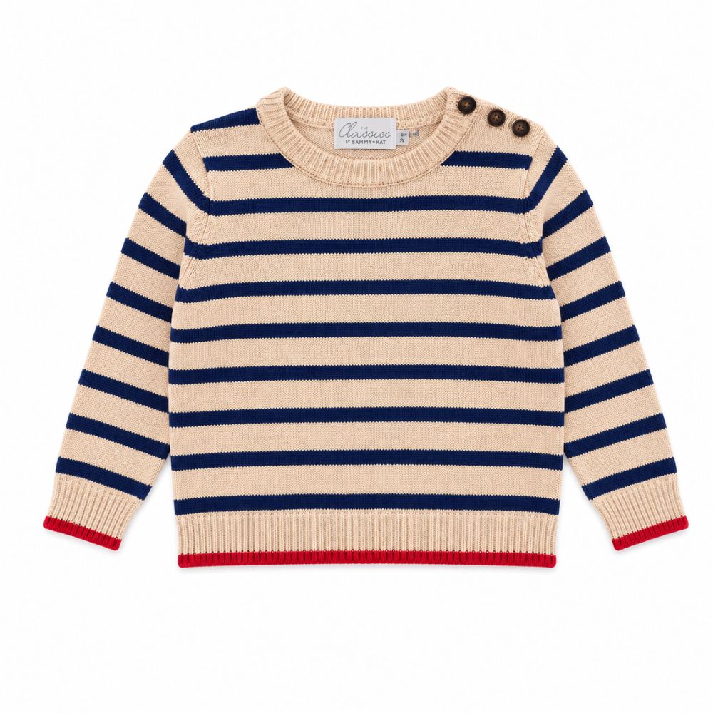 Beige and navy striped sweater with red trim on a white background