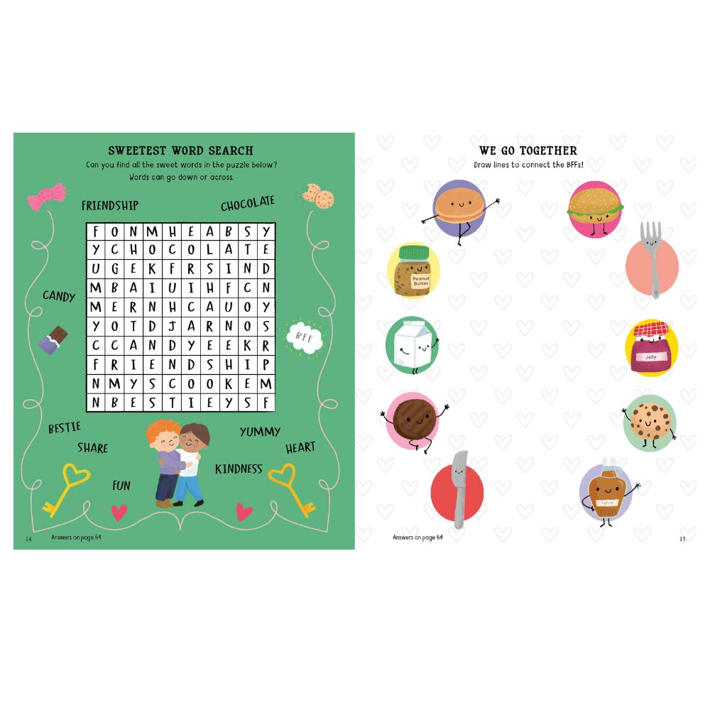 Children's book page with word search and illustrations on a white background