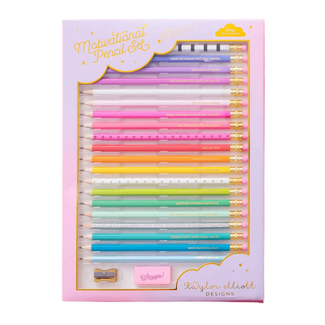 Packaged set of colorful pencils and stationery items with 'Taylor Elliott Designs' branding.