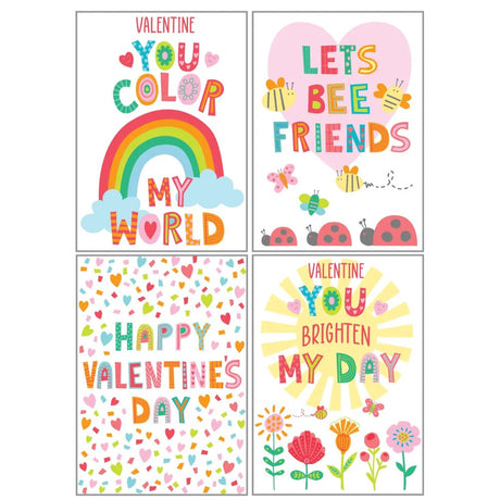 Four Valentine's Day-themed cards with colorful graphics and text on a white background.