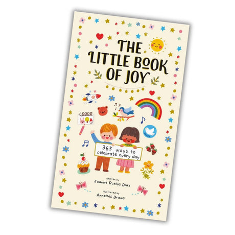 Book titled 'The Little Book of Joy' with colorful illustrations on a white background