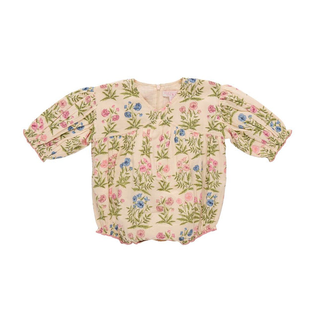 Floral-patterned baby romper on a white background