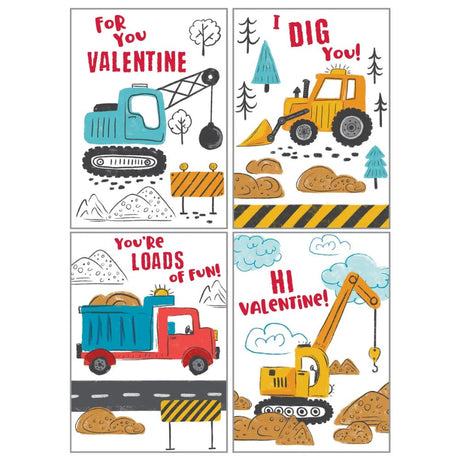 Set of Valentine's Day cards with construction vehicle illustrations and text.