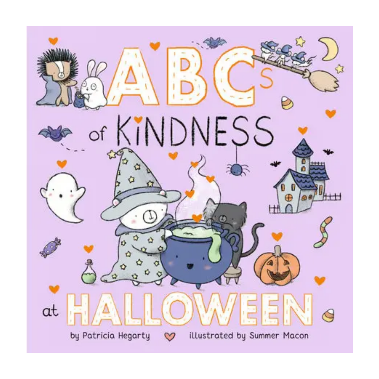 Book cover of 'ABCs of Kindness at Halloween' with illustrations on a purple background