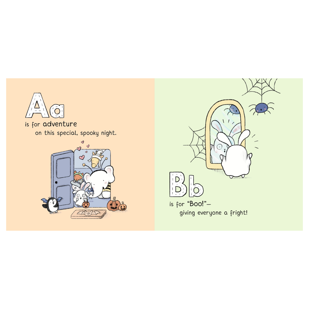 Illustrated children's book page with Halloween-themed letters 'A' and 'B'.