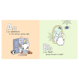 Illustrated children's book page with Halloween-themed letters 'A' and 'B'.