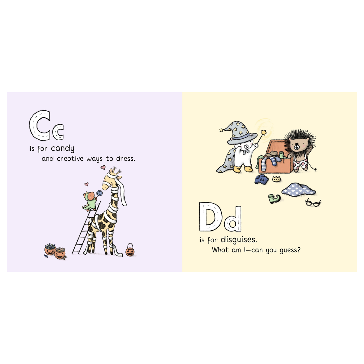 Illustrations of a giraffe and a lion in costumes with text about letters G and D.
