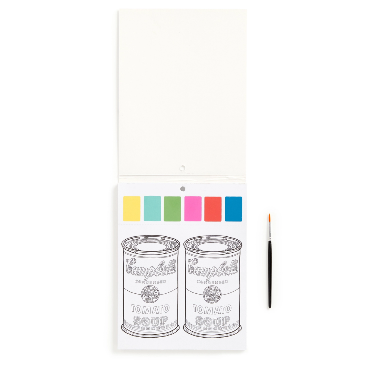 Color swatch card with Campbell's Tomato Soup cans and a paintbrush on a white background