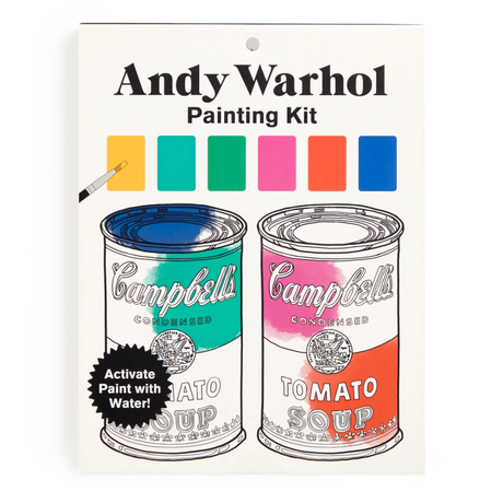 Andy Warhol-themed Campbell's Soup painting kit packaging with colorful paint swatches.