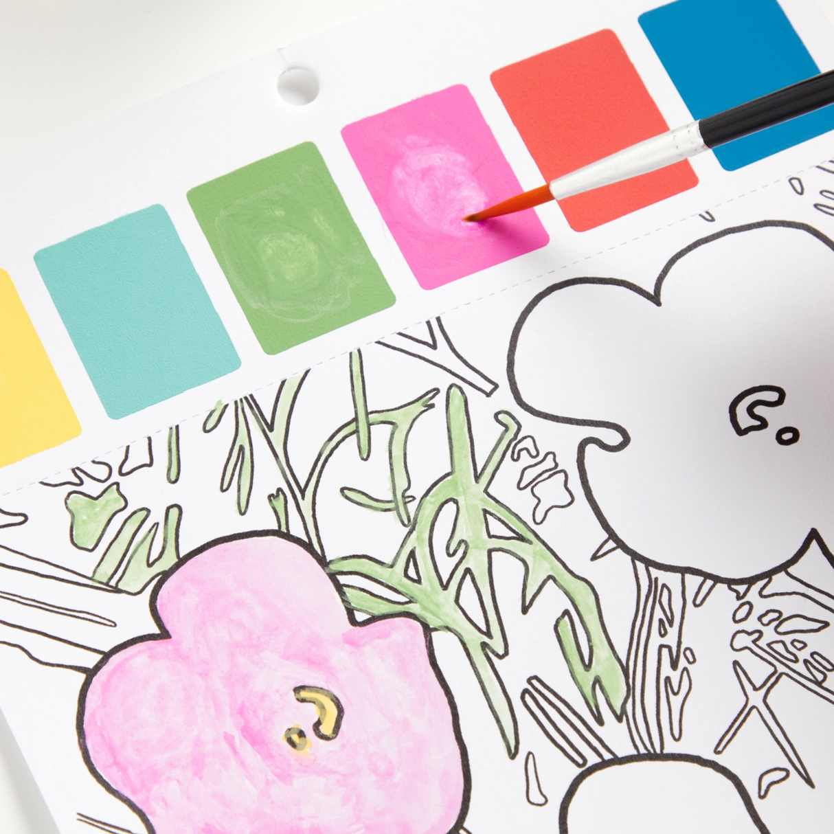 Color swatches with a flower and cloud drawing on a white background