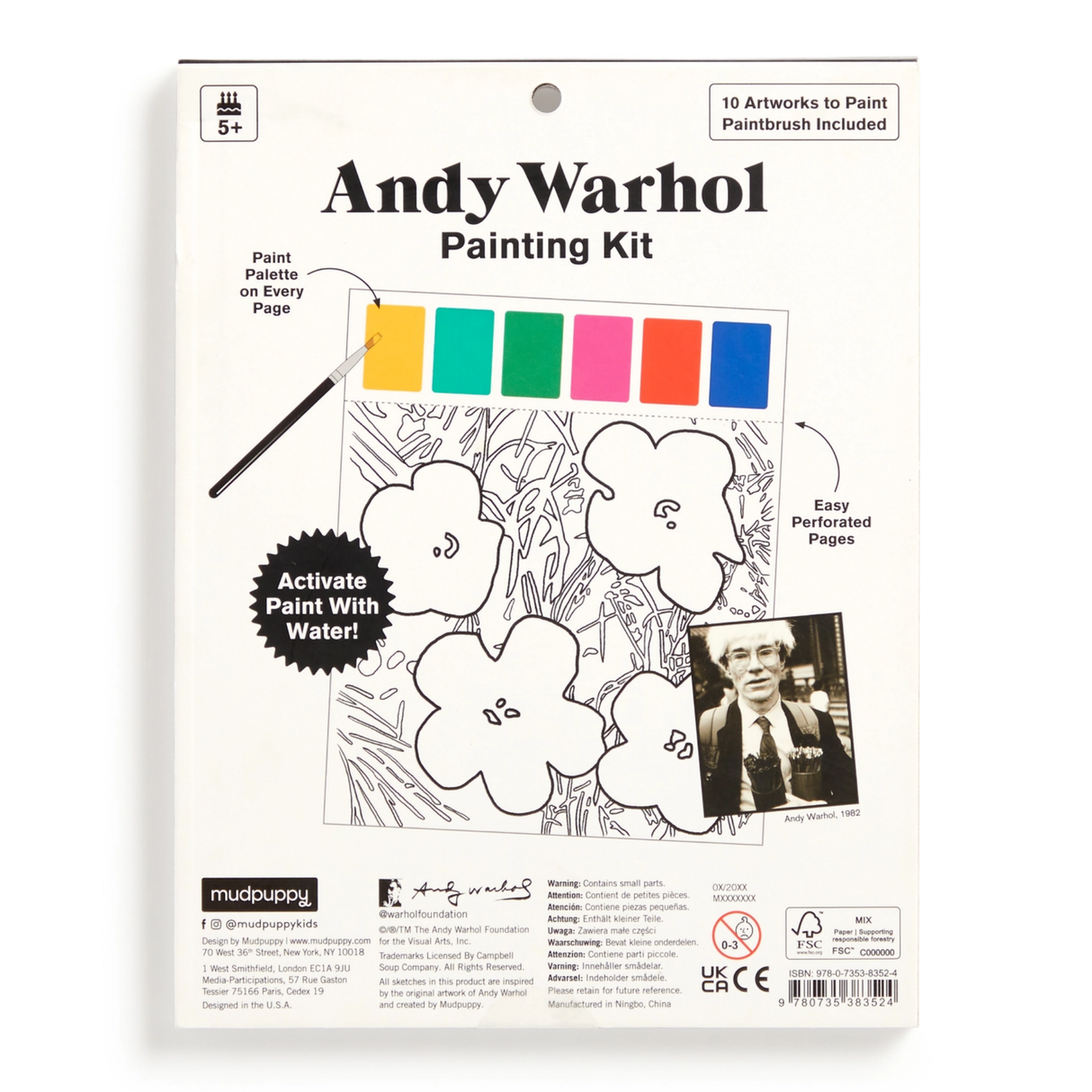 Andy Warhol painting kit packaging with paint samples and a brush on a white background