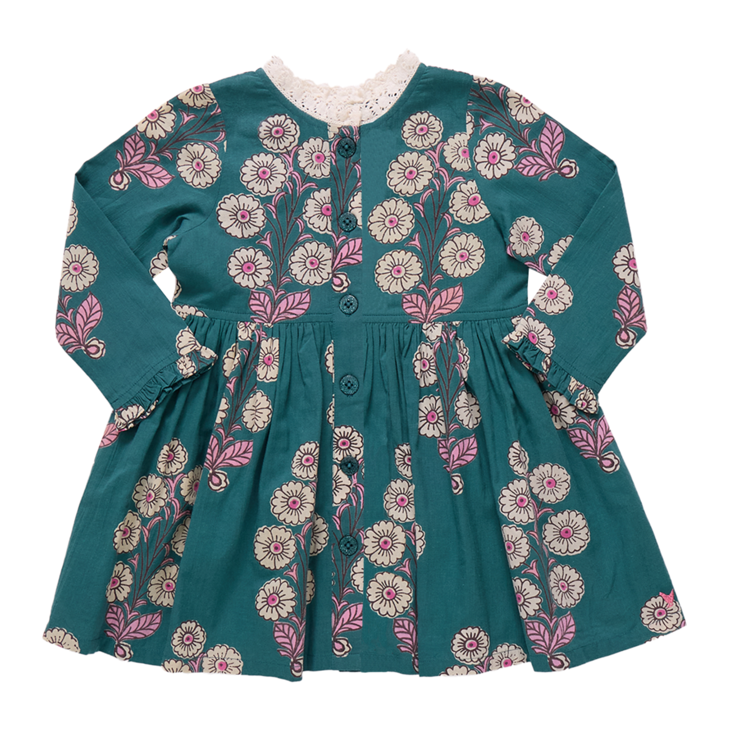 Teal dress with floral pattern on a white background