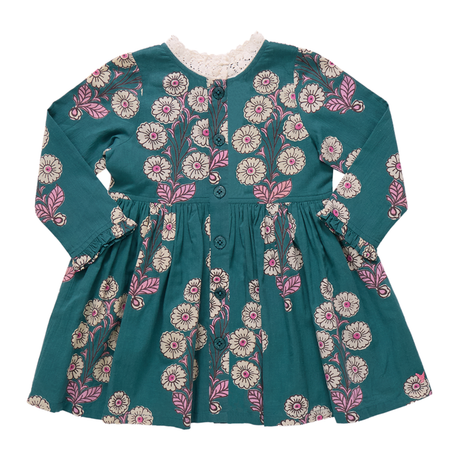 Teal dress with floral pattern on a white background