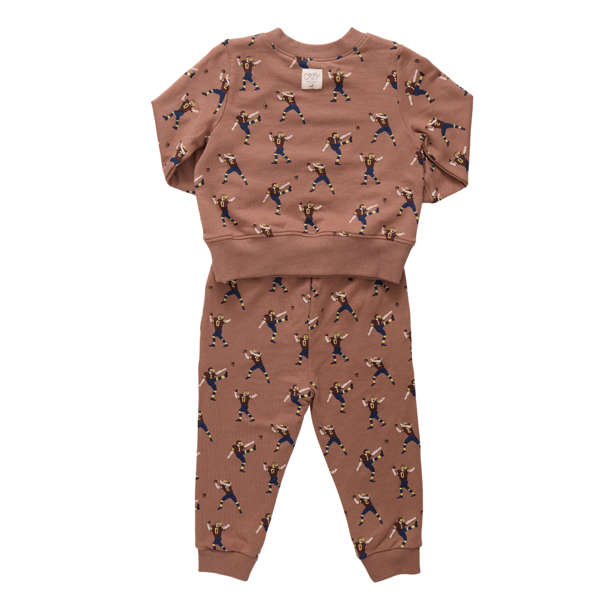 Children's set with a pattern of a boy playing soccer on a white background