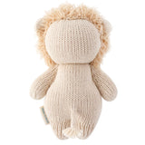 Knitted lion toy with beige mane on a white background