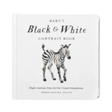 Book titled 'Baby's Black & White Contrast Book' with a zebra illustration on a white background