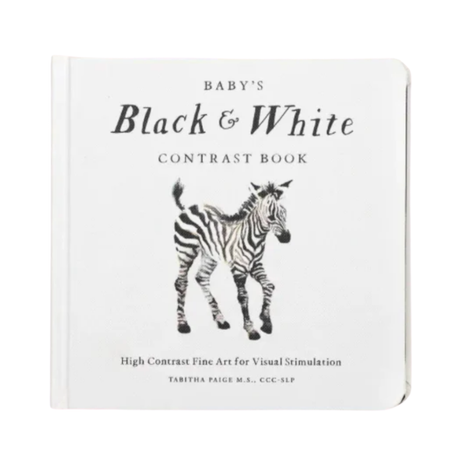 Book titled 'Baby's Black & White Contrast Book' with a zebra illustration on a white background