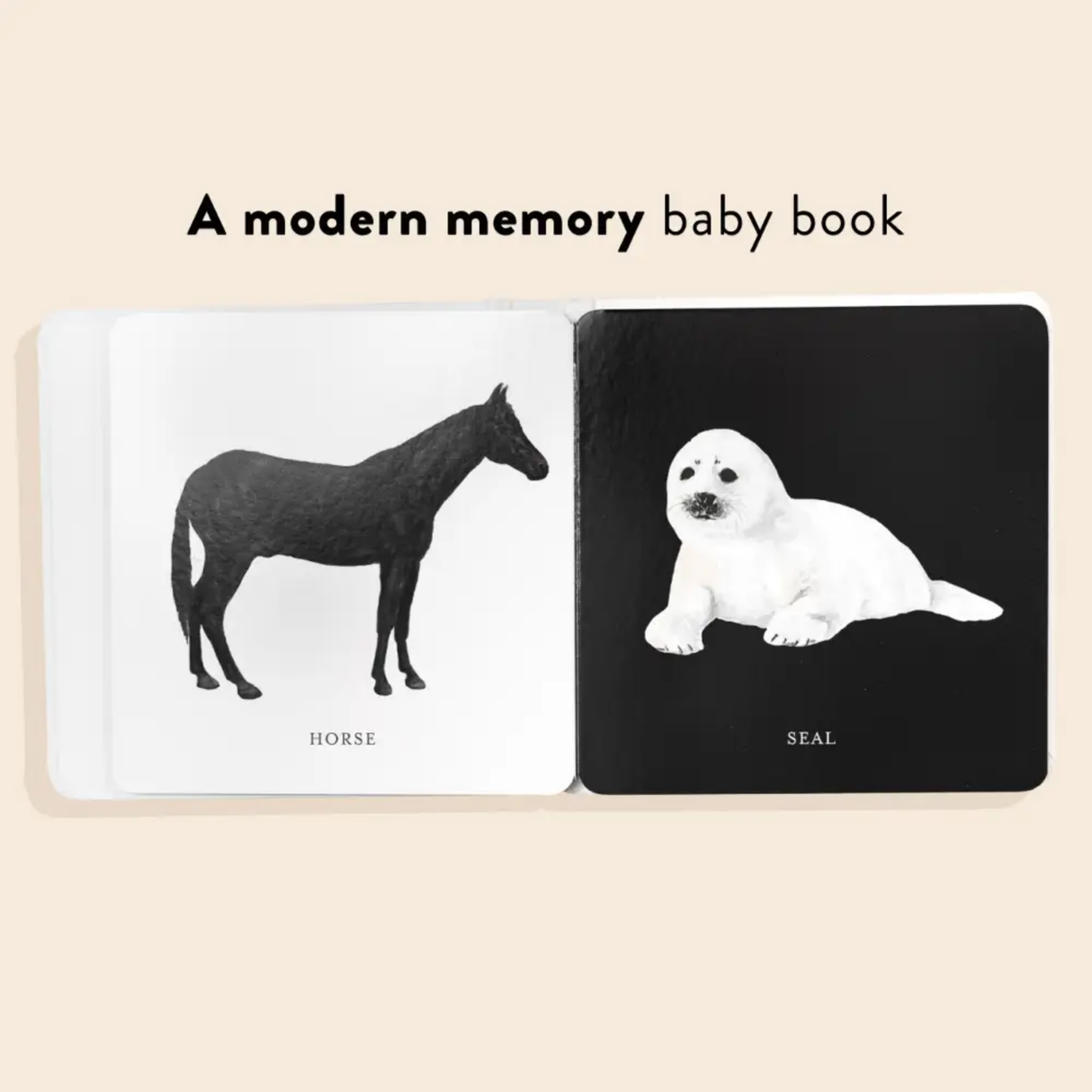 Baby book with illustrations of a horse and a seal on a beige background