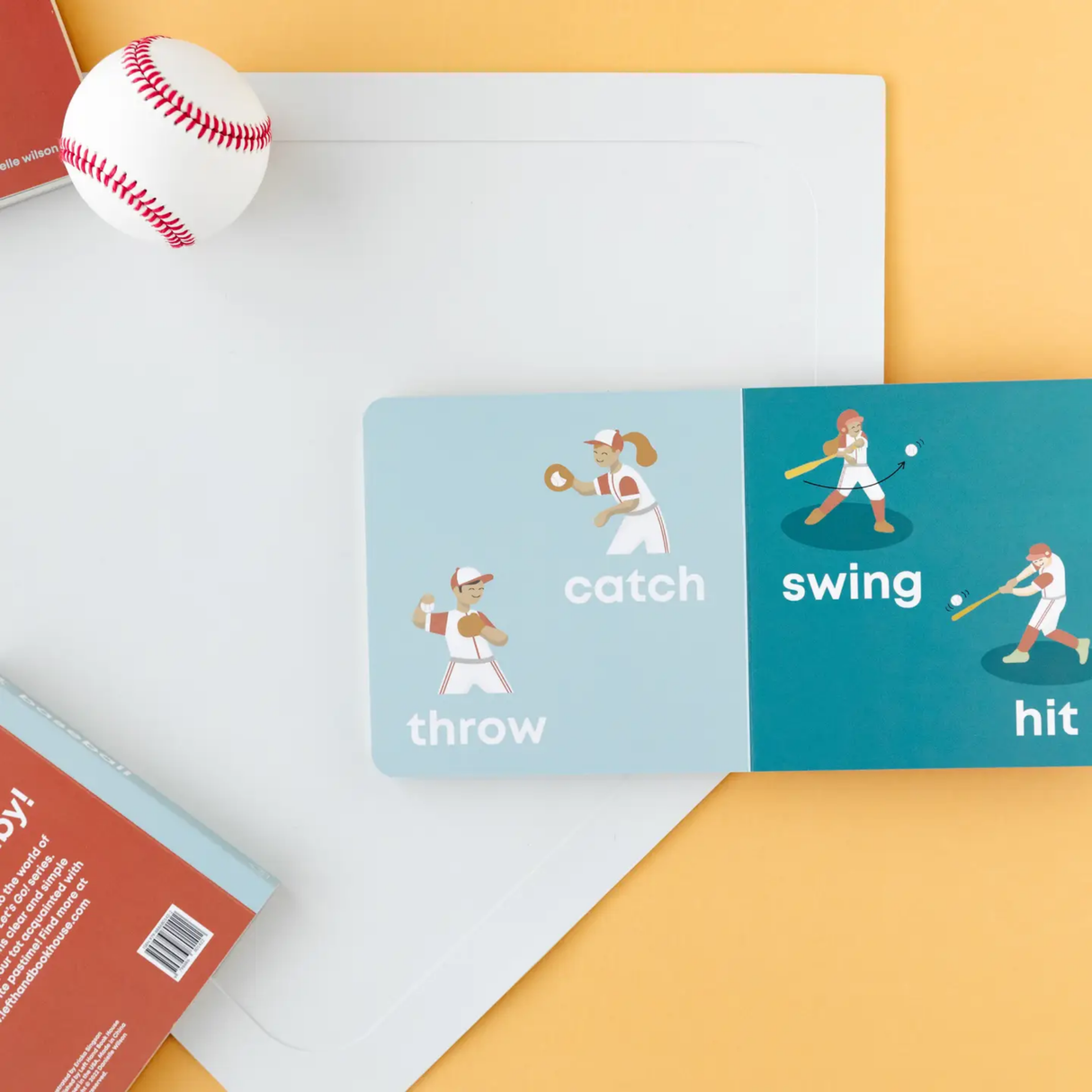 Baseball-themed book with illustrations and text on a yellow and white background