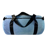 Blue duffel bag with black straps on a white background
