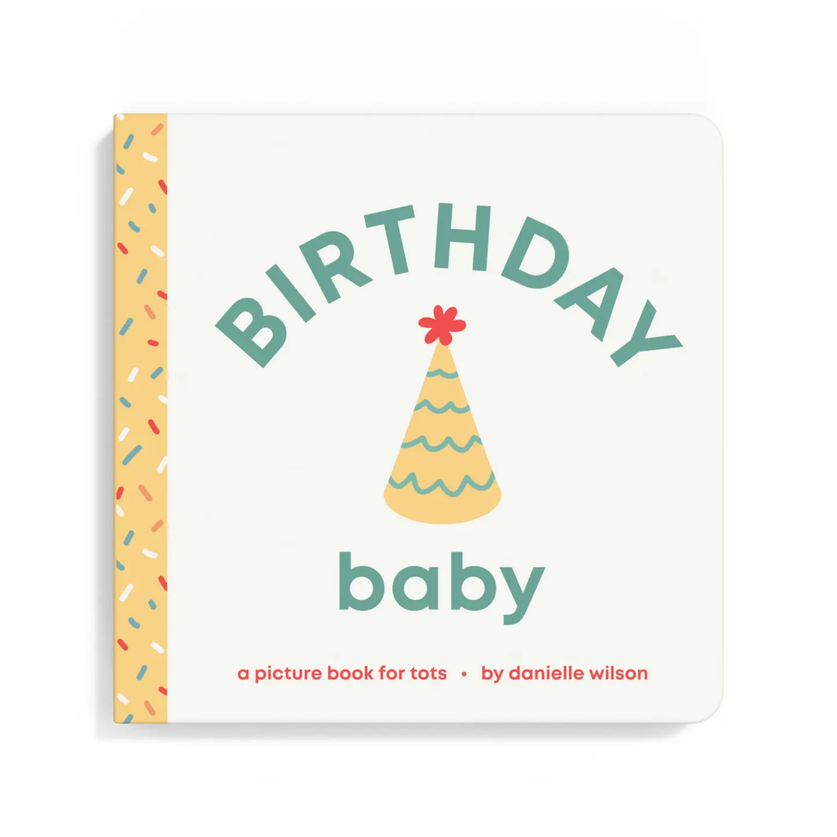 Book titled 'Birthday Baby' with a party hat illustration on a white background
