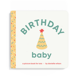 Book titled 'Birthday Baby' with a party hat illustration on a white background