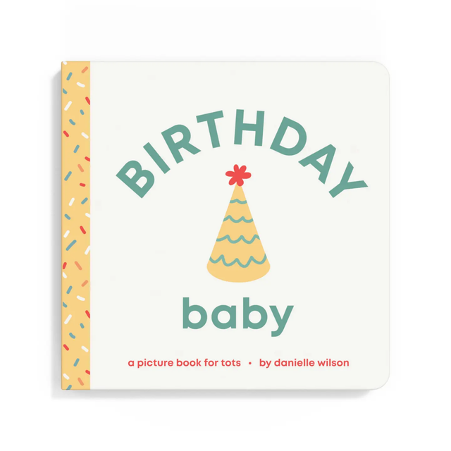 Book titled 'Birthday Baby' with a party hat illustration on a white background