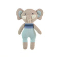 Knitted toy elephant with a striped sweater on a white background