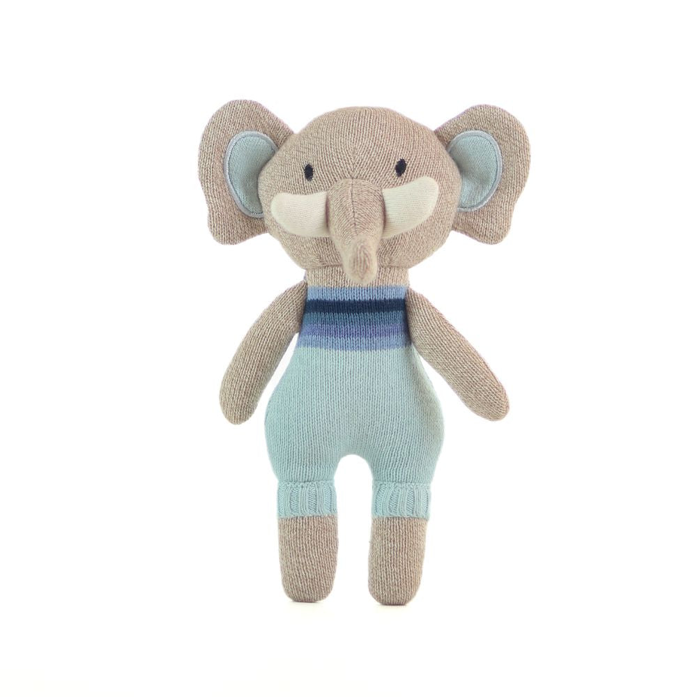 Knitted toy elephant with a striped sweater on a white background
