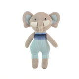 Knitted toy elephant with a striped sweater on a white background