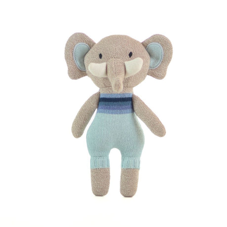 Knitted toy elephant with a striped sweater on a white background