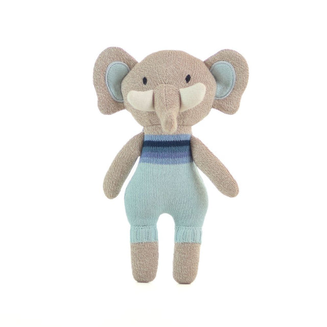 Knitted toy elephant with a striped sweater on a white background