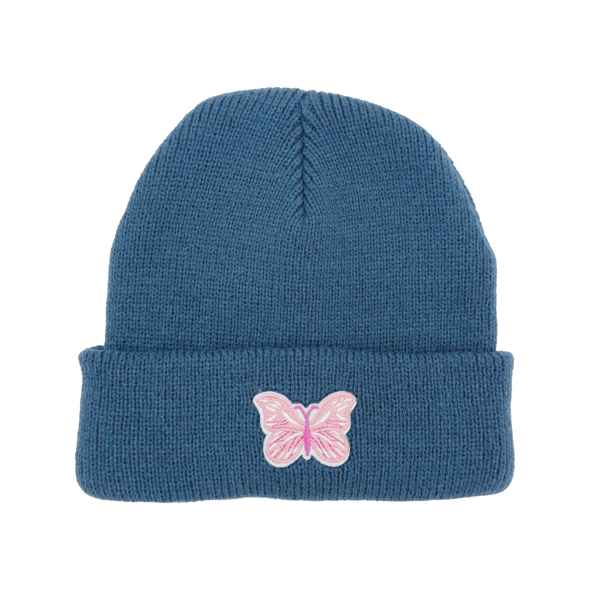 blue beanie with pink butterfly on white background