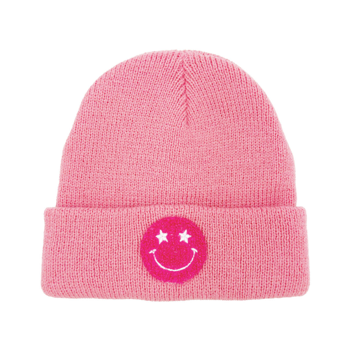 Pink beanie with a smiley face emblem on a white background