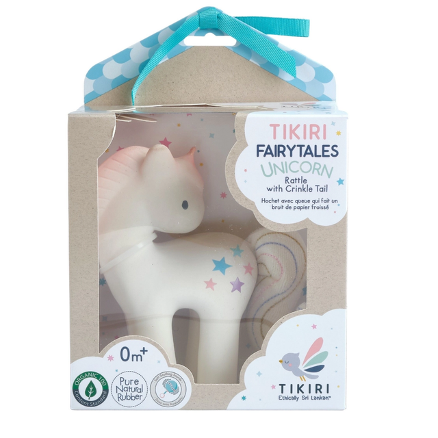 Tikiri Fairytales Unicorn rattle with crinkle tail in packaging on a white background