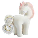 Unicorn-shaped toy with a colorful tail on a white background