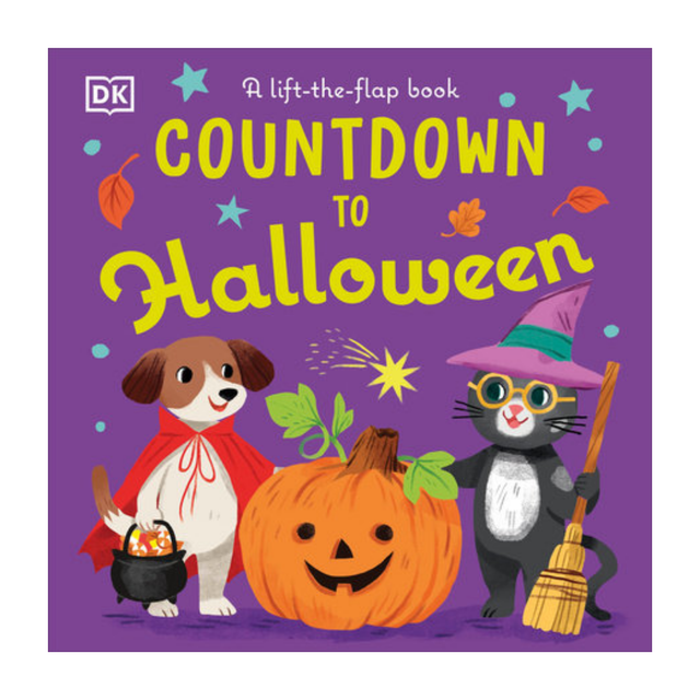 Book cover of 'Countdown to Halloween' with a purple background, featuring a dog, cat, and pumpkin.