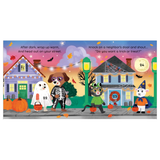 Illustration of Halloween-themed characters and decorations on a street with pumpkins and houses.