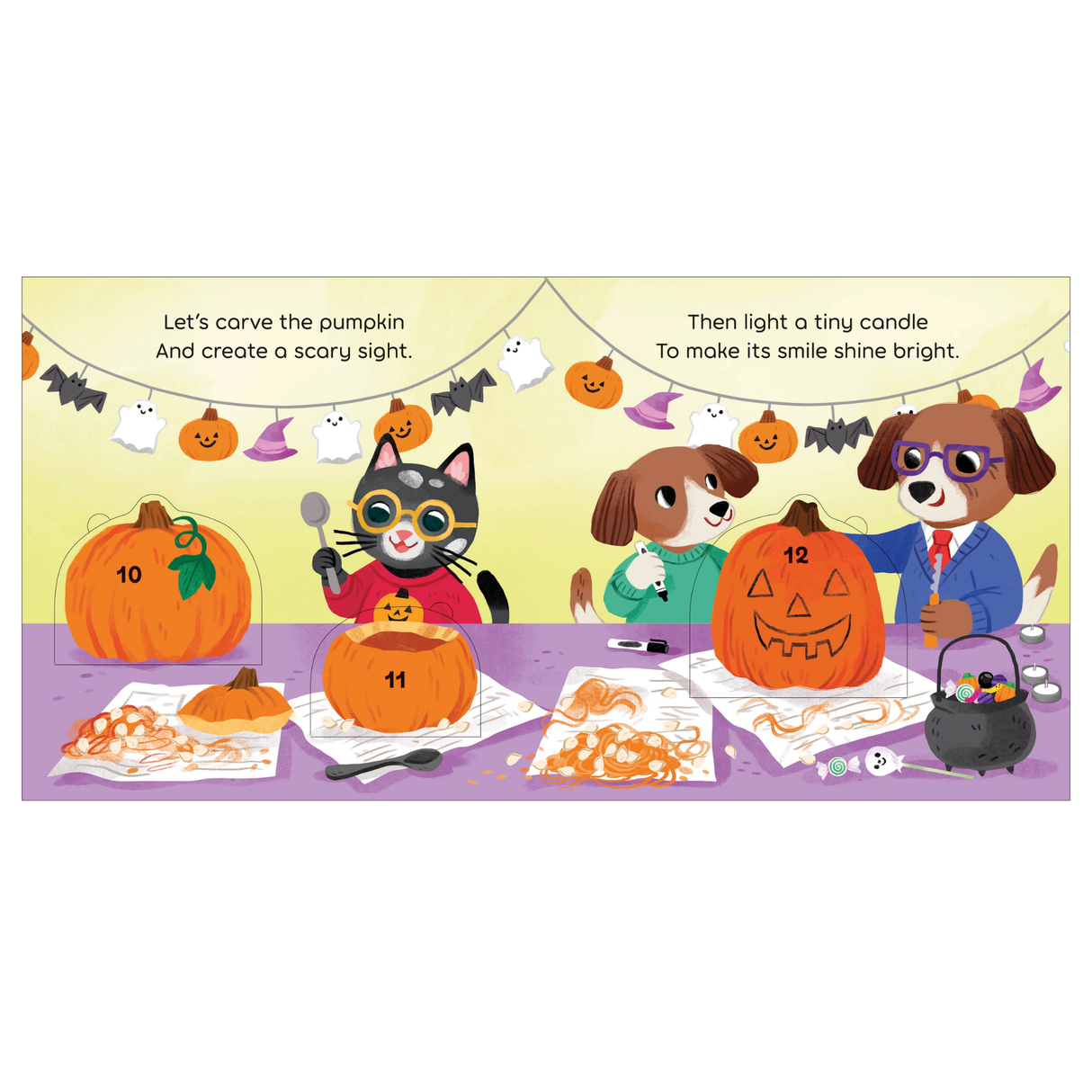 Illustration of cats and dogs carving pumpkins at a Halloween-themed table.