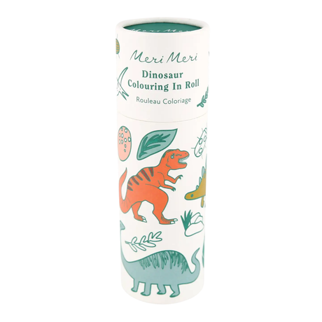 Dinosaur-themed colouring roll with 'Meri Meri' branding on a white background
