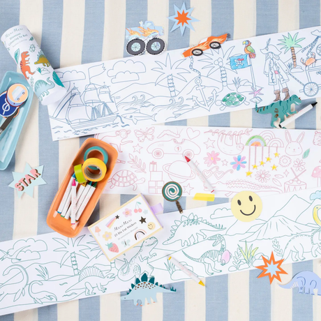 Coloring sheets with various illustrations on a striped background