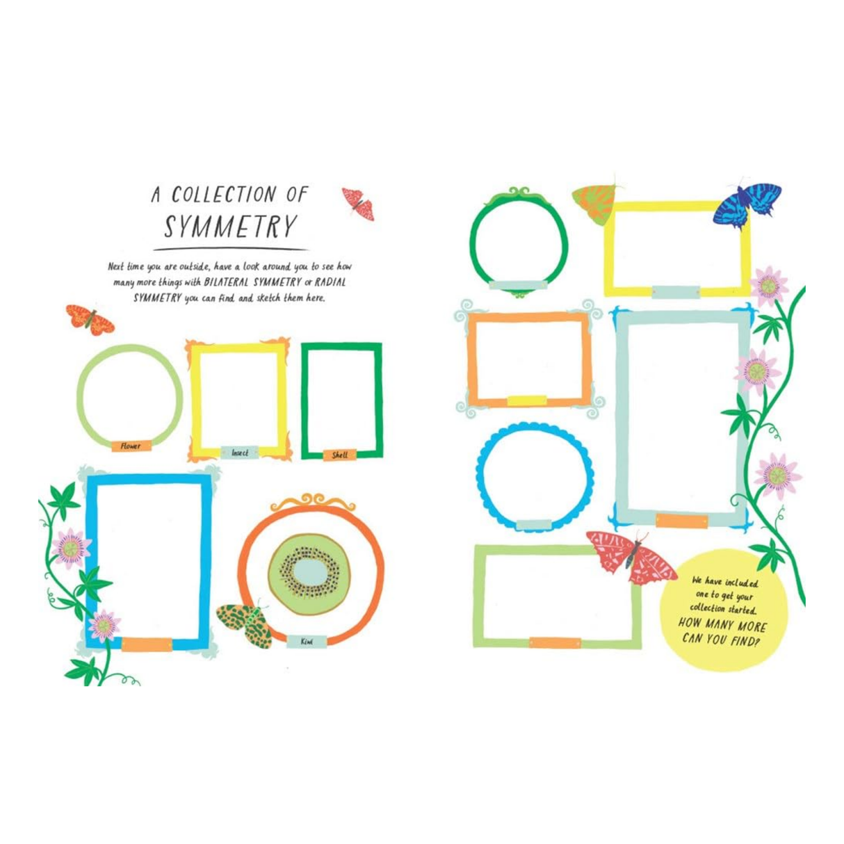 Colorful geometric shapes and frames on a white background with text about symmetry.