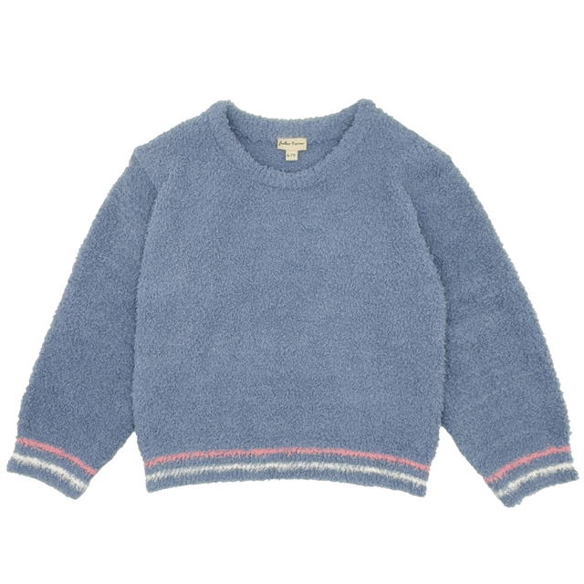 blue knit top on a white background