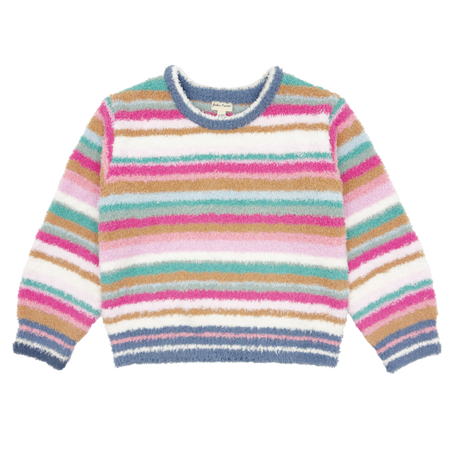 colorful stripe knit sweater on a white background 